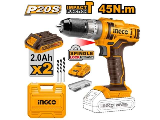 ATORNILLADOR 20V C PERCUTOR MANDRIL METAL Y VALIJA INGCO NG165 (2 Bat)