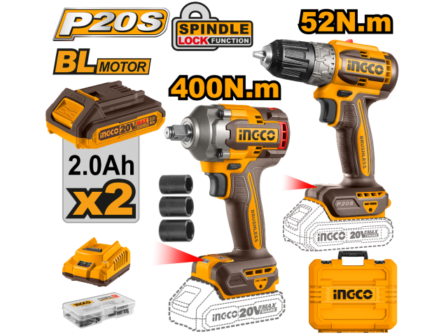 COMBO5 Llave Impacto 20V + Atornillador 20V (2 Bat -Carg. y Valija) INGCO NG969