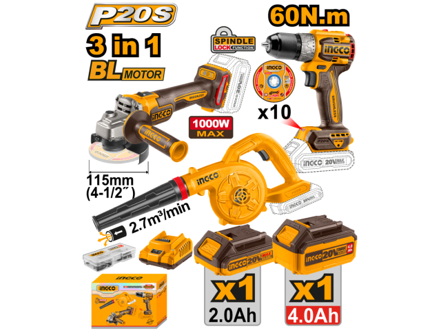COMBO2 AMOLADORA + TALADRO + SOPLADORA INGCO COSLI241192 NG972
