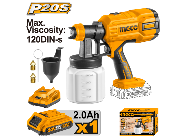 PISTOLA DE PINTAR A BATERIA 20V P20S CON BATERIA Y CARGADOR INGCO CSGLI20406